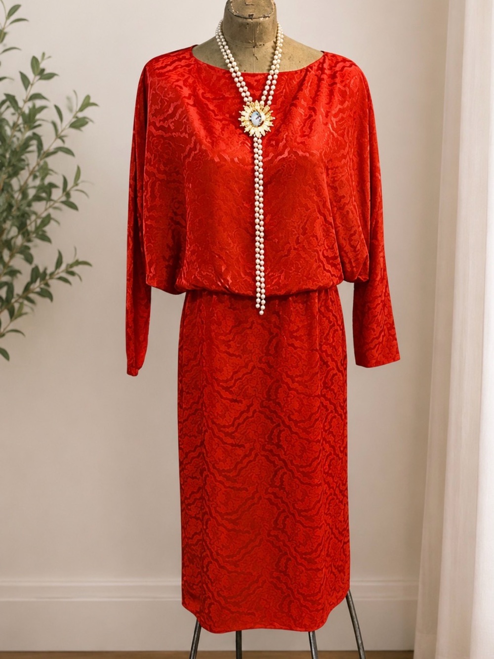 Vintage 80’s does 20’s style- Nilani - red dress- draped sleeves- silky embossed